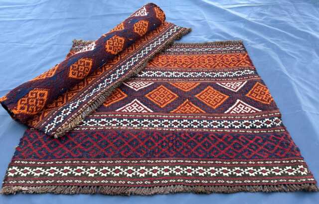 Pair Of Qalinow Kilims, 2x2 Small Afghan Flatweave Rugs, Set 2 Geometric Accent Mats, Handwoven Wool Door Red Boho Mini Table Cover - image 1