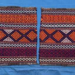 Pair Of Qalinow Kilims, 2x2 Small Afghan Flatweave Rugs, Set 2 Geometric Accent Mats, Handwoven Wool Door Red Boho Mini Table Cover - thumbnail 2