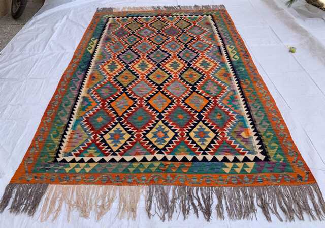 Multicolor Afghan Kilim Rug - 6.7x9.9 Ft Wool Tribal Flatweave Carpet - image 1