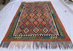Multicolor Afghan Kilim Rug - 6.7x9.9 Ft Wool Tribal Flatweave Carpet - thumbnail 1