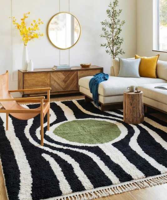 Sage Green Eye Moroccan Rug, Black & White Wavy Striped Berber Carpet, Large Handmade Wool Shag Modern Biophilic Decor - image 1