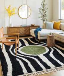 Sage Green Eye Moroccan Rug, Black & White Wavy Striped Berber Carpet, Large Handmade Wool Shag Modern Biophilic Decor - thumbnail 1