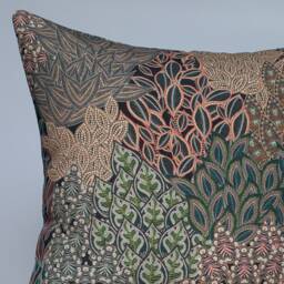 Winter Garden Linen Blend Extra-Large Cushion. Olive Green, Tan Bronze & Damson. Sweeping Floral Leaves Design. 23 - thumbnail 2