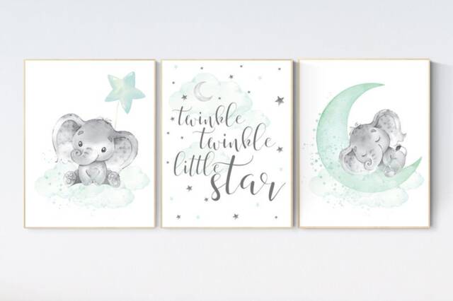 Elephant Nursery Art Print Mint Aqua Moon & Stars - image 1