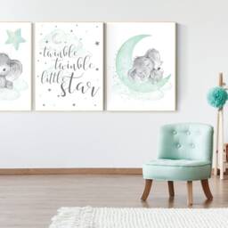Elephant Nursery Art Print Mint Aqua Moon & Stars - thumbnail 2