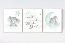 Elephant Nursery Art Print Mint Aqua Moon & Stars - thumbnail 1