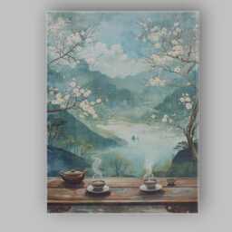 White Cherry Blossom Mountain Lake Oriental Landscape Canvas Wall Art Print Decor Picture Ready To Hang - thumbnail 1