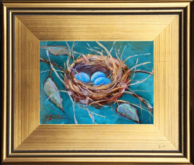 Bird Nest Blue Robin Eggs Portrait Painting, Original Oil Painting Portrait, Modern Still Life, Small Framed, Gold Frame - image 1