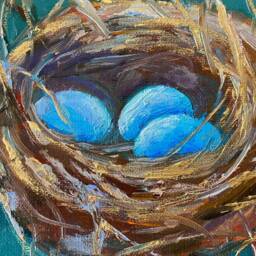 Bird Nest Blue Robin Eggs Portrait Painting, Original Oil Painting Portrait, Modern Still Life, Small Framed, Gold Frame - thumbnail 2