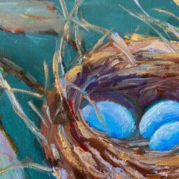 Bird Nest Blue Robin Eggs Portrait Painting, Original Oil Painting Portrait, Modern Still Life, Small Framed, Gold Frame - thumbnail 3