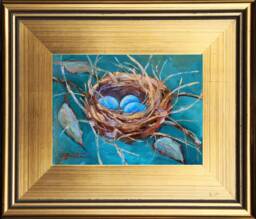 Bird Nest Blue Robin Eggs Portrait Painting, Original Oil Painting Portrait, Modern Still Life, Small Framed, Gold Frame - thumbnail 1