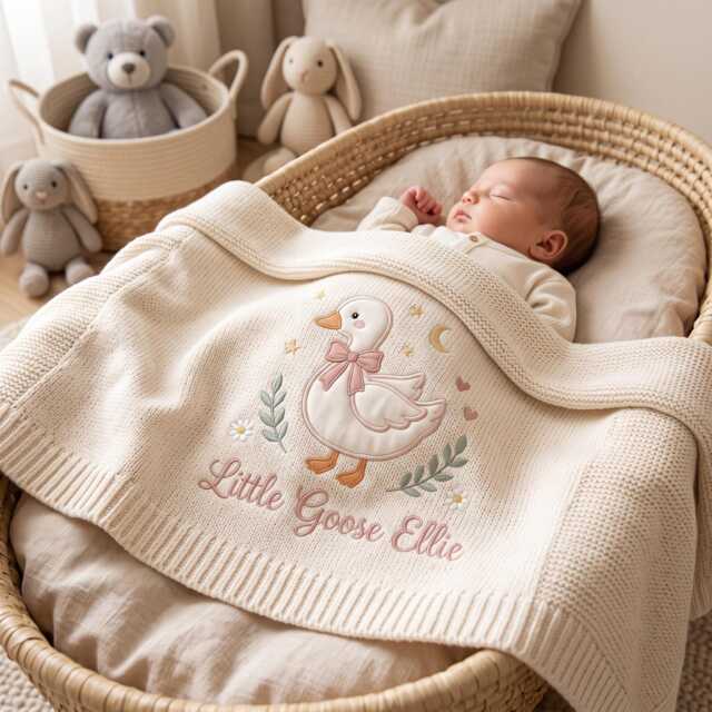 Personalized Goose Baby Blanket, Custom Name Embroidered Knit Applique Newborn Gift, Shower Keepsake - image 1