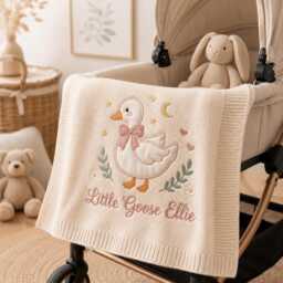 Personalized Goose Baby Blanket, Custom Name Embroidered Knit Applique Newborn Gift, Shower Keepsake - thumbnail 3