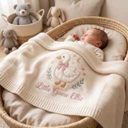 Personalized Goose Baby Blanket, Custom Name Embroidered Knit Applique Newborn Gift, Shower Keepsake - thumbnail 1