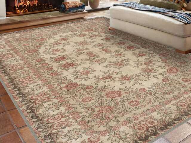 Floral Chenille Area Rug Vintage Anatolian Style, Washable - image 1