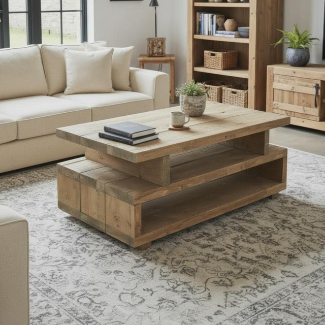 Rustic Pine Coffee Table, Large Farmhouse Table With Shelves - image 1