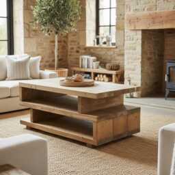Rustic Pine Coffee Table, Large Farmhouse Table With Shelves - thumbnail 4