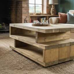 Rustic Pine Coffee Table, Large Farmhouse Table With Shelves - thumbnail 3