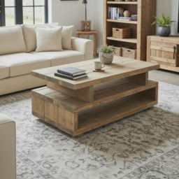 Rustic Pine Coffee Table, Large Farmhouse Table With Shelves