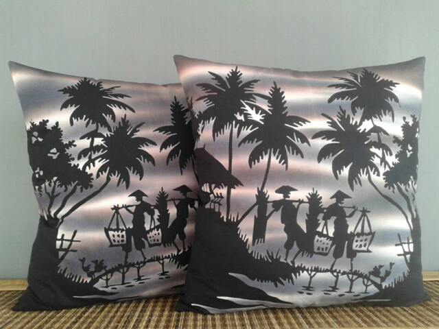 Hand-Painted Batik Pillow Covers Javanese Village Scene, Set Of 2 - image 1