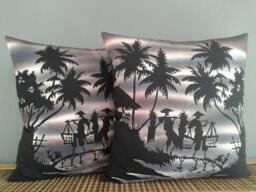 Hand-Painted Batik Pillow Covers Javanese Village Scene, Set Of 2