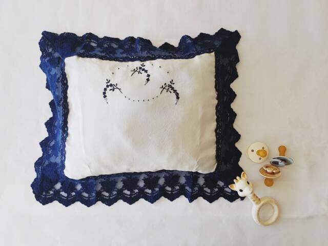 In Stock Silver Grey & Navy Hand Embroidered Baby Pillowcase With Lace Trim - Embroidery Pram/Cradle Pillow Insert Included - image 1