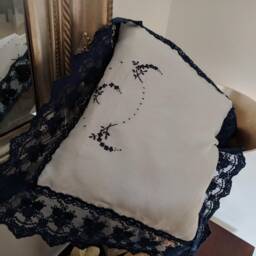 In Stock Silver Grey & Navy Hand Embroidered Baby Pillowcase With Lace Trim - Embroidery Pram/Cradle Pillow Insert Included - thumbnail 2