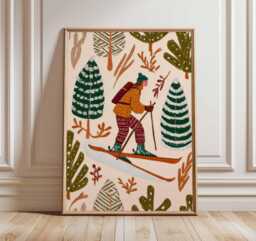 Winter Skiing Wall Art Print, Cozy Snowy Forest Illustration, Ski Decor Poster For Cabin, Lodge & Mountain Home - thumbnail 1