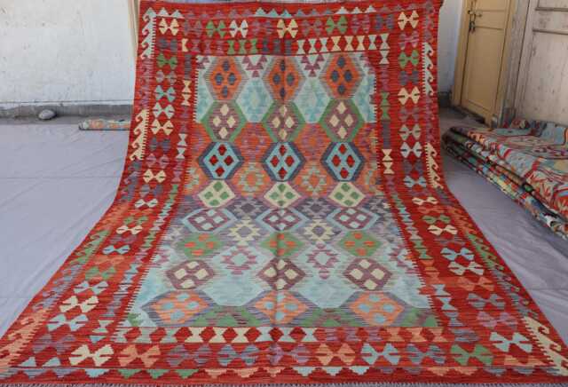 7x10 Afghan Flatweave Kilim Rug, Handmade Wool Carpet, Turkmen Tribal Gray Blue Orange Red Geometric Bedroom Living Room Rug - image 1
