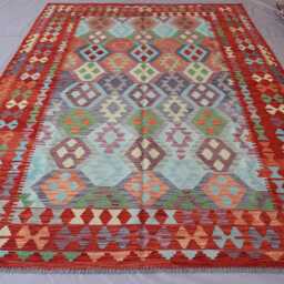 7x10 Afghan Flatweave Kilim Rug, Handmade Wool Carpet, Turkmen Tribal Gray Blue Orange Red Geometric Bedroom Living Room Rug - thumbnail 3