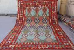 7x10 Afghan Flatweave Kilim Rug, Handmade Wool Carpet, Turkmen Tribal Gray Blue Orange Red Geometric Bedroom Living Room Rug - thumbnail 1
