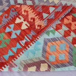 7x10 Afghan Flatweave Kilim Rug, Handmade Wool Carpet, Turkmen Tribal Gray Blue Orange Red Geometric Bedroom Living Room Rug - thumbnail 4