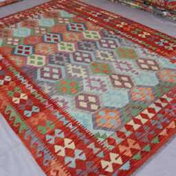 7x10 Afghan Flatweave Kilim Rug, Handmade Wool Carpet, Turkmen Tribal Gray Blue Orange Red Geometric Bedroom Living Room Rug - thumbnail 2