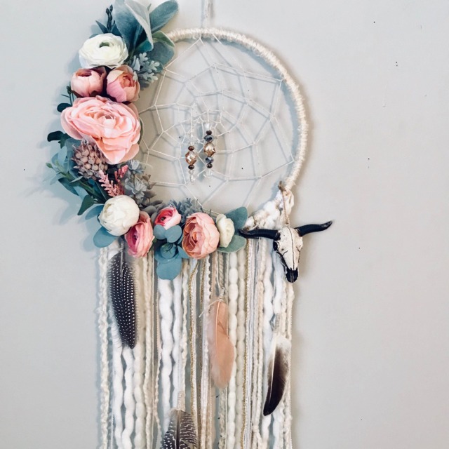 Floral Boho Dreamcatcher, Steer Head, Nursery Wall Hanging - image 1