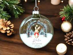 Fully Personalised Woodland Snow Filled Flat Glass Ornament, Build Your Own Design, First Christmas, Keepsake