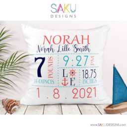 Bright Nautical Baby Pillow-Birth Announcement-Nursery Decor-Baby Pillow-Nautical-Keepsake Pillow-Personalized Pillow-New Baby-Birth Stats - thumbnail 2