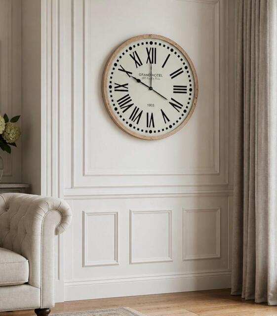 Grand Hotel Paris Style Wall Clock - Large Vintage Wooden Frame Roman Numerals Farmhouse Classic 83x83x6.5cm - image 1