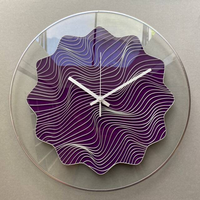 Hand Painted Glass Wall Clock Purple Wave Art, Silent Movement - image 1