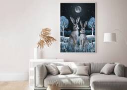 A3 Midnight Hare Couple Art Print - Bunny Art Whimsical Poster Forest Night Dreamy Woodland - thumbnail 1