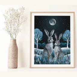 A3 Midnight Hare Couple Art Print - Bunny Art Whimsical Poster Forest Night Dreamy Woodland - thumbnail 2
