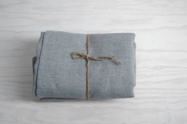 Set Of 2 Soft Linen Bath Towels Pure Fabric Sheets Natural & Light Blue Narrow Printstripes Stonewashed Linen Softened - image 1