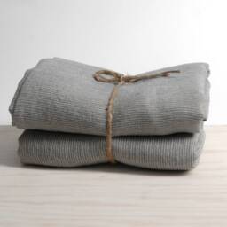 Set Of 2 Soft Linen Bath Towels Pure Fabric Sheets Natural & Light Blue Narrow Printstripes Stonewashed Linen Softened - thumbnail 3