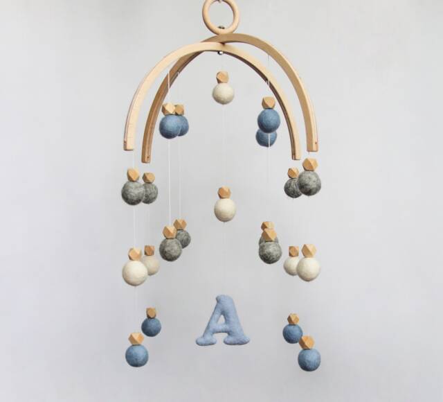 Baby Mobile Felt Balls - Pom Baby Nursery Mobile Nursery Crib Boy Hanging Blue Cot - image 1