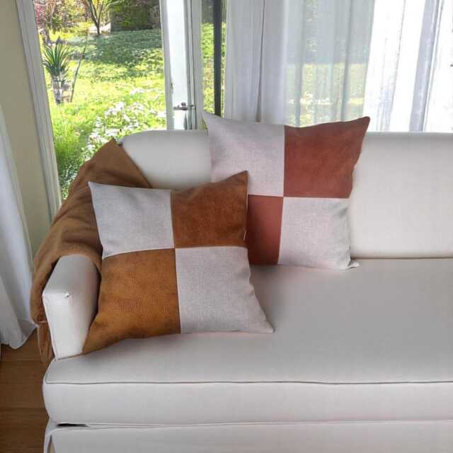 Checker Pillow Vegan Leather Geometric Cushion Cover - image 1