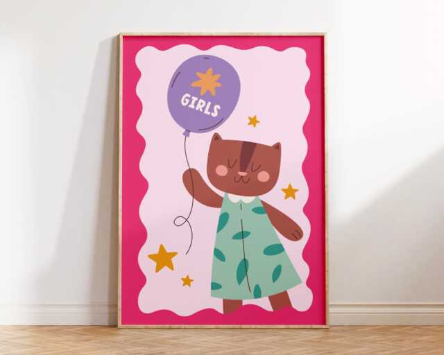 Cute Girly Cat Print - Kids Bedroom Poster Playroom Nursery Prints Girls Room Childrens Decor Purple Pink Affirmations - image 1