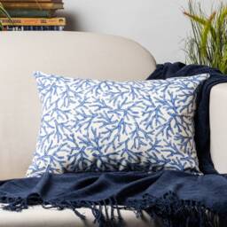 Coral Reef Boudoir Cushion Cover. Botanical & Nautical Inspired Print in Marine Blue & Seafoam White. 17x12
