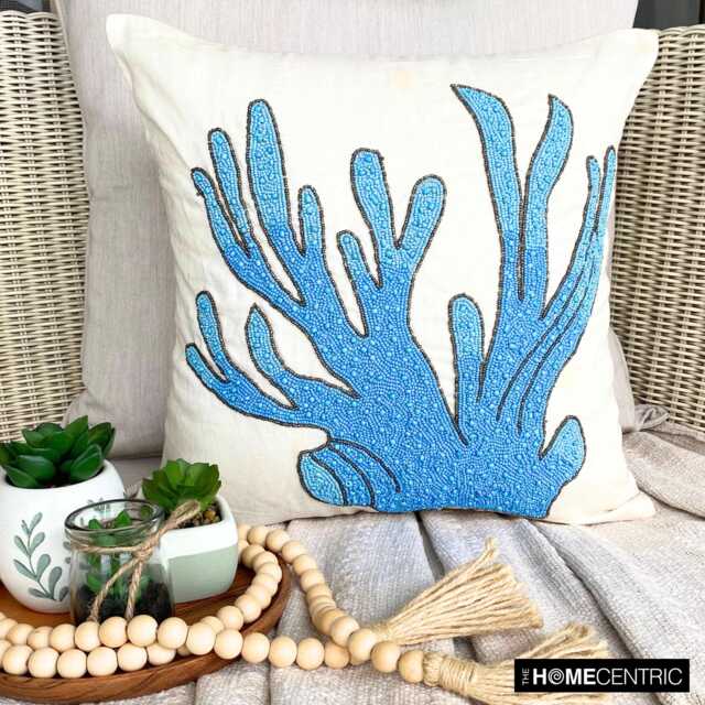 Blue Beaded Sea Creatures Pattern, Cotton Linen, Beach Style Throw Pillow Cover - Coral Treasure - image 1