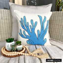 Blue Beaded Sea Creatures Pattern, Cotton Linen, Beach Style Throw Pillow Cover - Coral Treasure - thumbnail 2