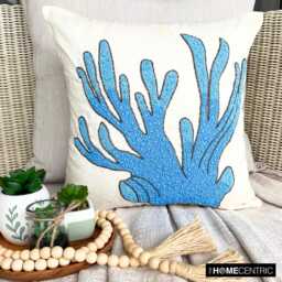 Blue Beaded Sea Creatures Pattern, Cotton Linen, Beach Style Throw Pillow Cover - Coral Treasure - thumbnail 1
