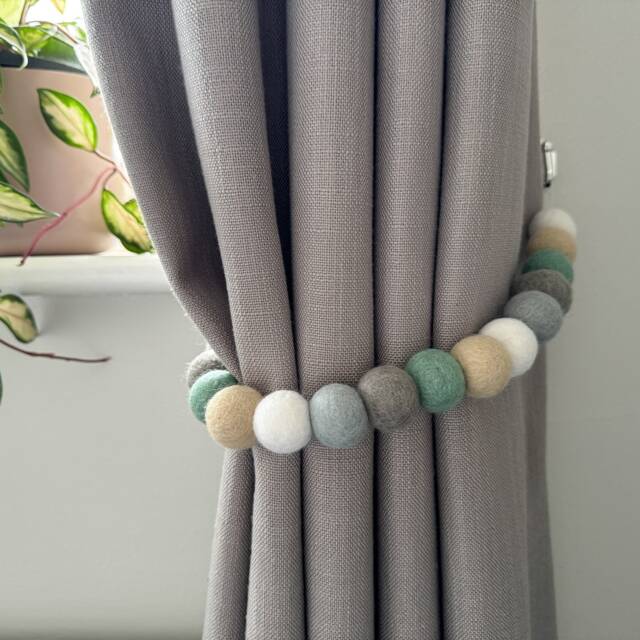 Neutral Mint Grey Felt Ball Curtain Tie Backs - Pom Hold Custom Nursery Decor Baby Gift Colourful Pull - image 1